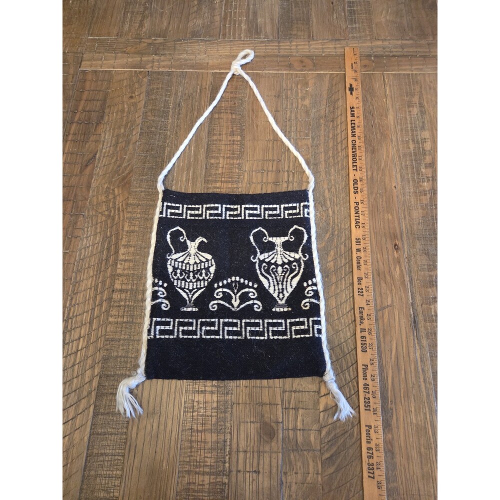 VINTAGE GREEK WOVEN HANDBAG, EXCELLENT CONDITION, BLACK/ GREEK URNS,